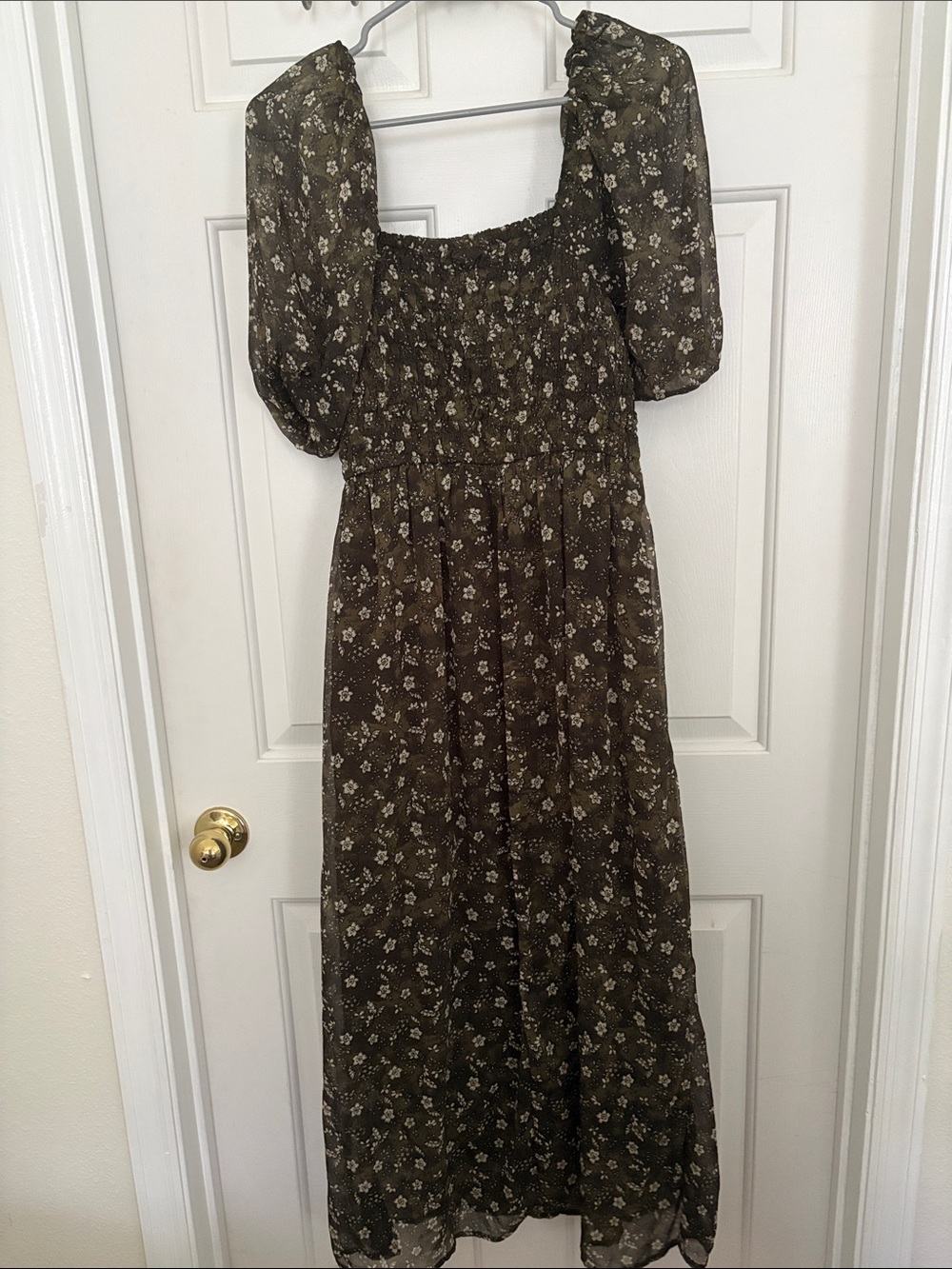 Smocked Square-Neck Maxi Dress in Olive Floral - Picture 4 of 4